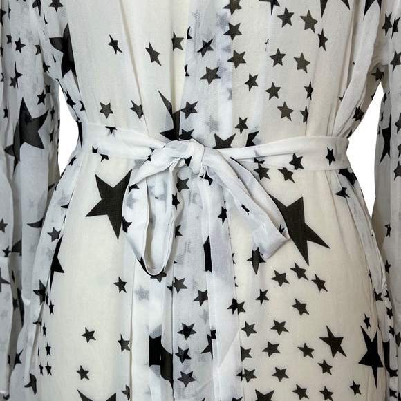 Boho White Chiffon with Black Stars Kimono Duster Beach Coverup - Picture 9 of 16
